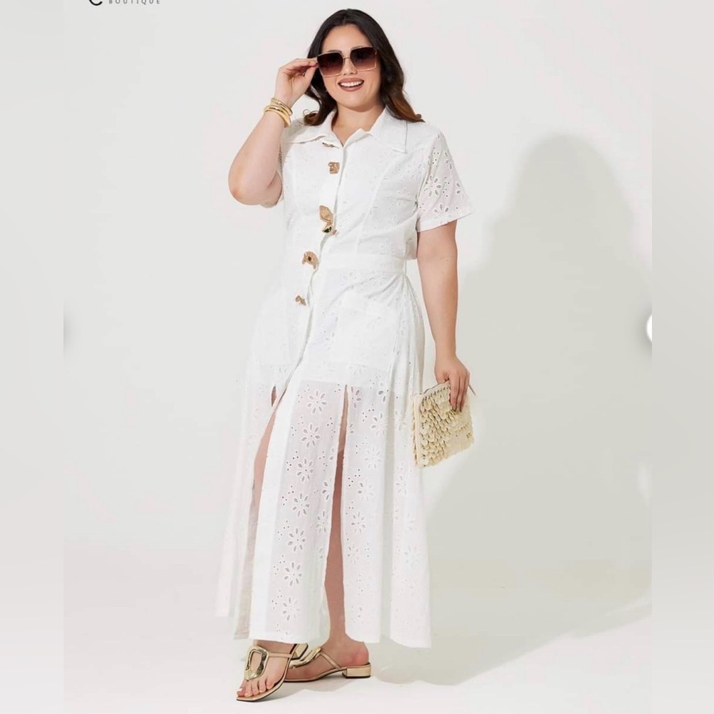 White Lace Unique Button-Down Dress with Slits